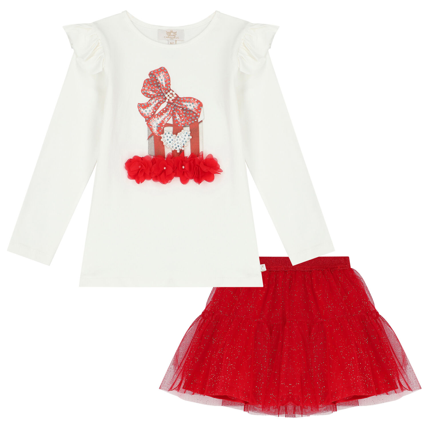 Girls White & Red Tulle Skirt Set, 2, hi-res